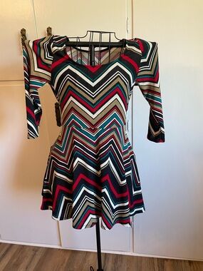 Chevron Fit & Flare Mini Dress in Multi-Color